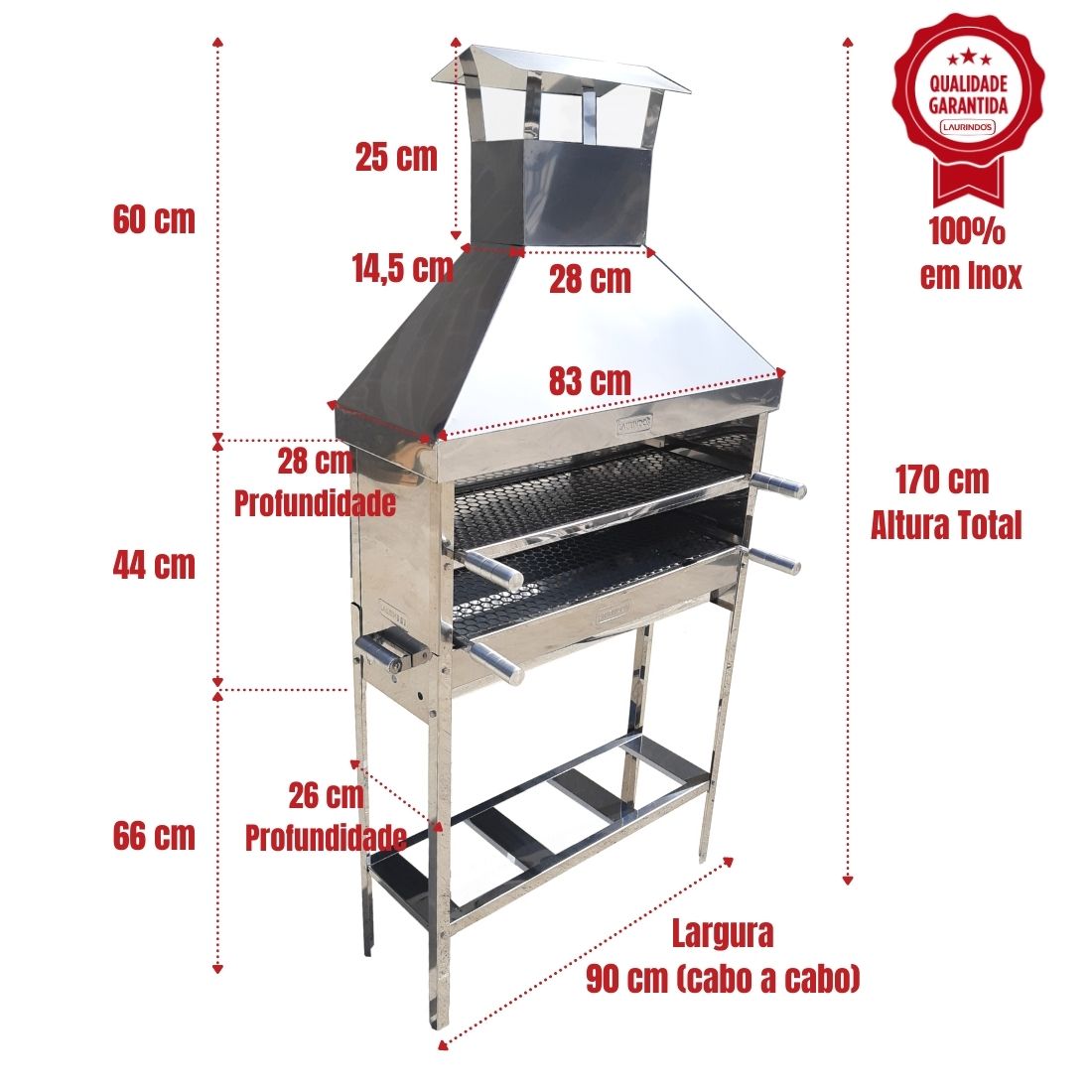 Churrasqueira Espetinho Inox Grande L90 Coifa 2 Grelhas Laurindos